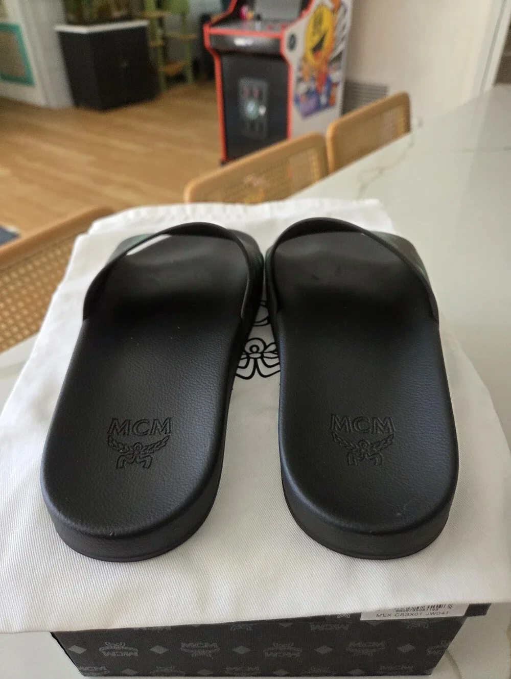MCM Black Slide Sandals with Green Logo Print